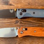 Please enjoy these pretentious photos of my matched set of Benchmade Bugouts. meet the Modern Merc and the Rustic Gent.