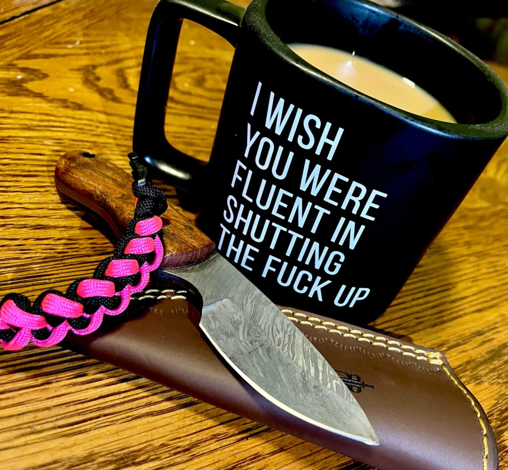 Coffee, cord, & knife (fixed Damascus)