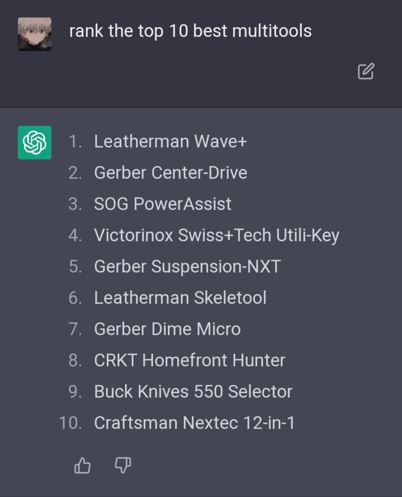 Asked an AI to rank the top 10 best multitools, not too sure about this one.