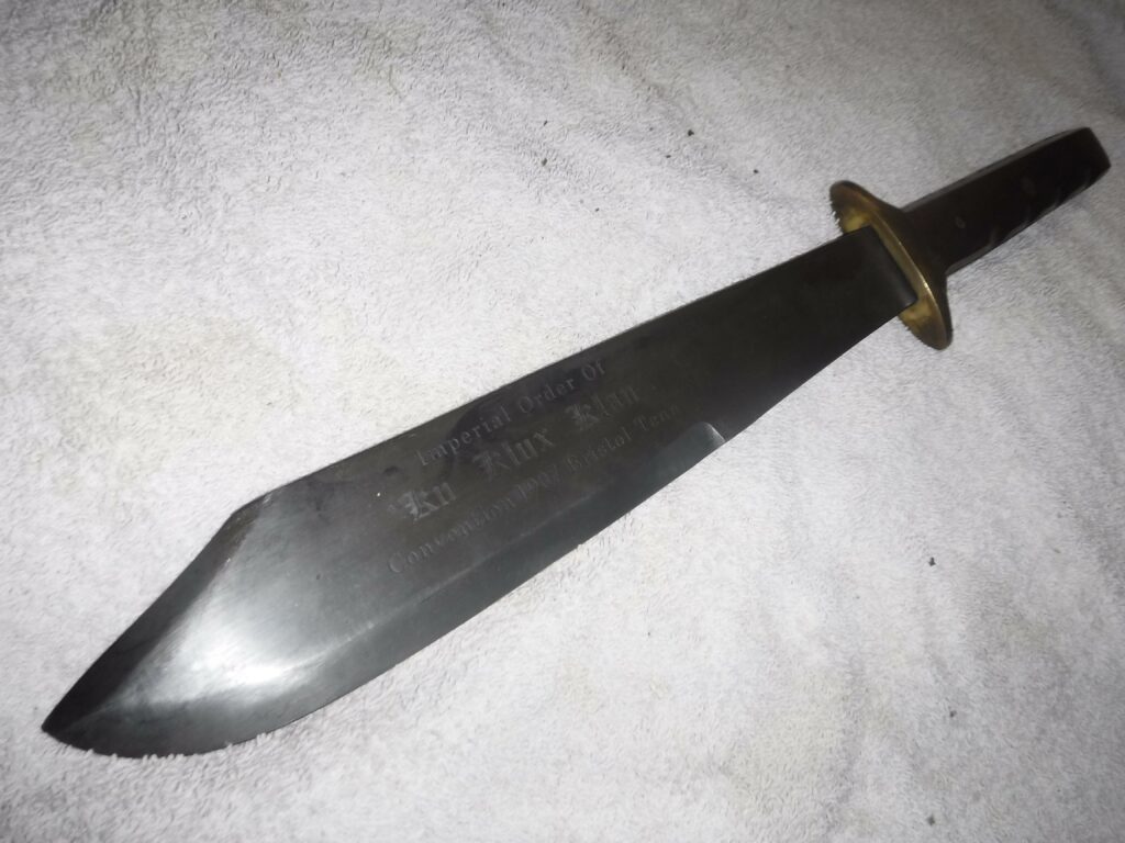 nice 18 in. Kabar Bowie knife you could have bought as a souvenir in Bristol TN at the 1907 convention of the Imperial Order of the Ku Klux Klan, engraved on blade