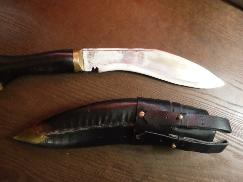 1950s "Sarkhari" (Government Service) Khukuri, the #1 knife of the Ghurka Army, marked GORKHA ARMY with sheath. Missing the 2 small utility knives. Arguably the fiercest soldiers ever, one regiment decisively defeated a Taliban regiment when outnumbered 30 to 1