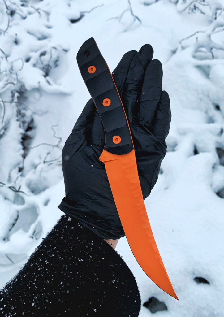 Something new in my workshop! Cerakote coating put some fresh colors on my old knife project. N690 stainless steel, G10 handle and tequila sunrise cerakote.