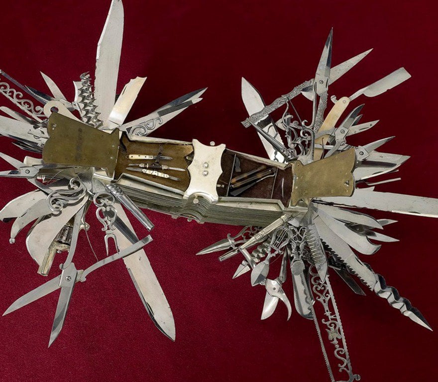 This 9 inch long 100 function multi-tool, which includes a fully functioning .22 caliber five-shot revolver, predates the Swiss Army Knife. Created by John S. Holler in 1880