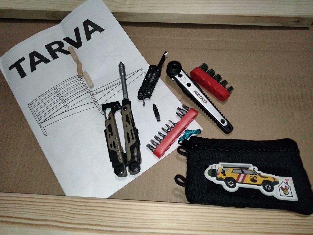 challenged myself to build a full size bed with only these tools today. Leatherman signal, Gerber dime, neiko ratchet socket/bit driver. everything here fits in this pack.