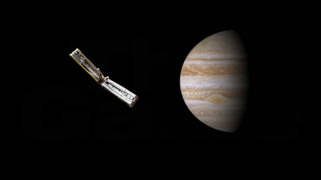 Juice spacecraft approaching Jupiter, artist depiction.