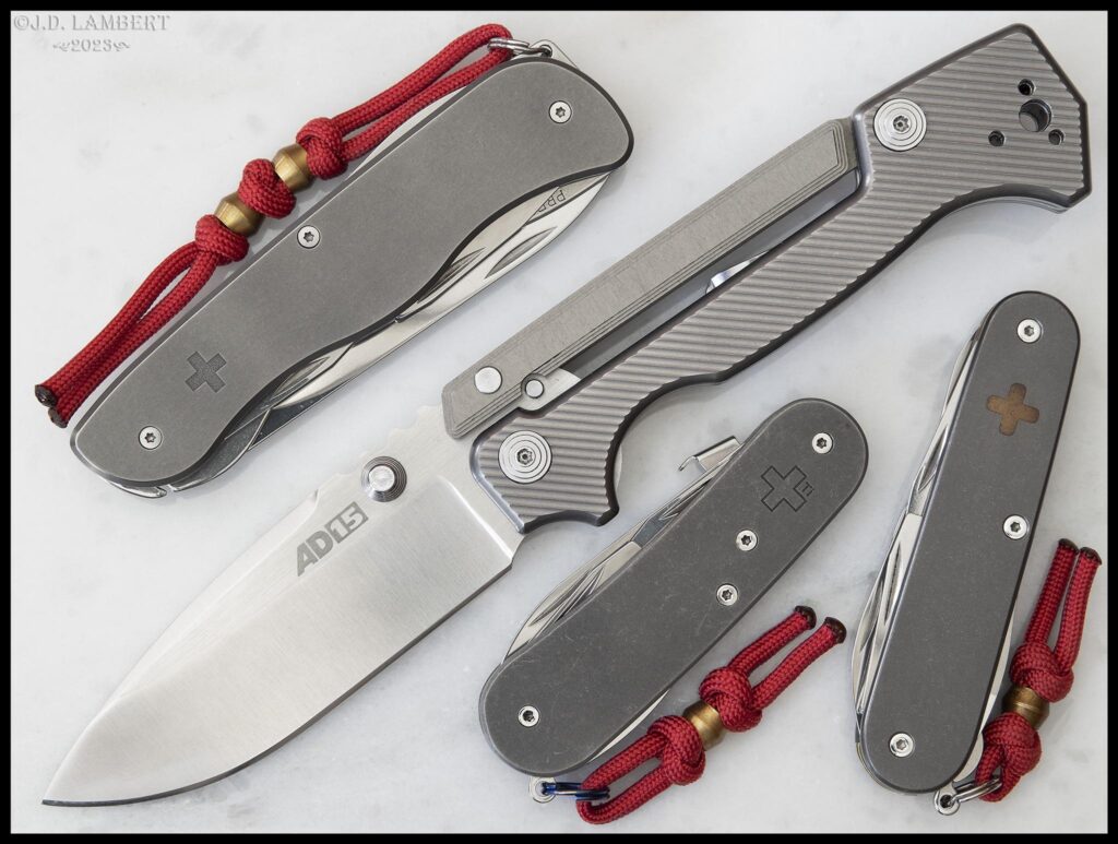 A few folders upgraded with aftermarket titanium scales: Cold Steel AD-15 (Original GOAT), Top SAK (DE Custom Forge), Middle SAK (ALM), Bottom SAK (SAKModder) [OC]