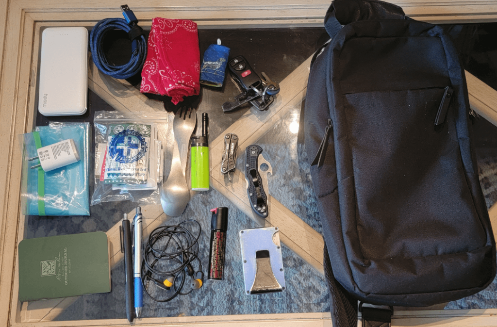 No name sling bag and the things that live in it.