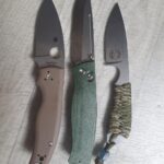 NKD Spyderco Shaman in 15V, Real Steel Pathfinder folder in 14c28n and a White river knives m1 in magnacut