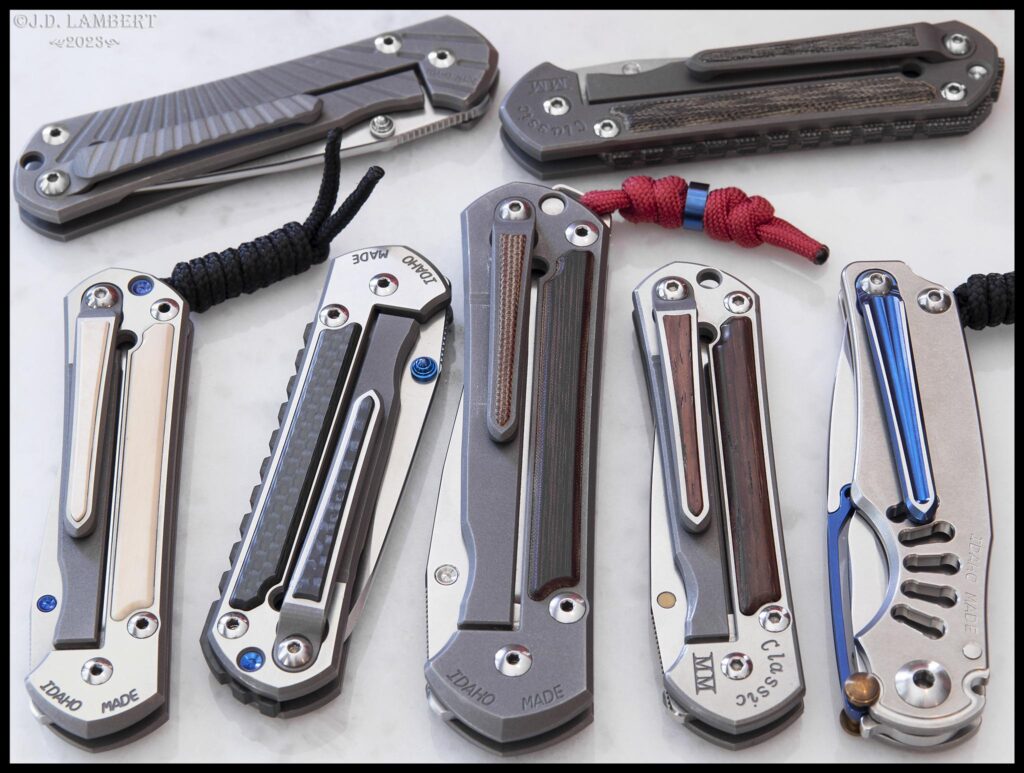 Millit clips on a few Chris Reeve knives, Sebenzas & Ti-Lock