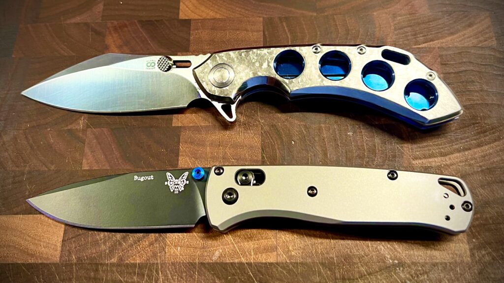 Two Custom EDCs in S90V and titanium scales: Olamic Wayfarer 247 & Benchmade Bugout