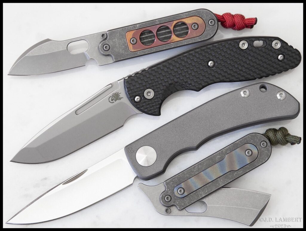 A few very nice slipjoints: Hinderer XM Slippy, Chris Reeve Knives Impinda, 2x Serge Bean Midtechs [OC]