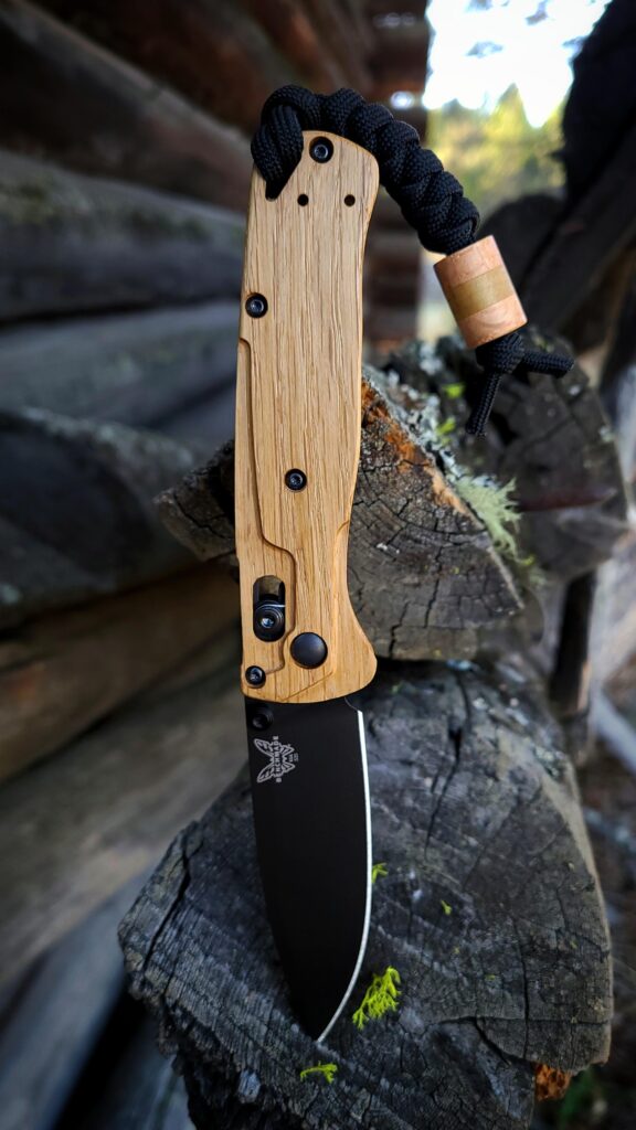 Custom white oak wood scales on the Benchmade Bugout 535.