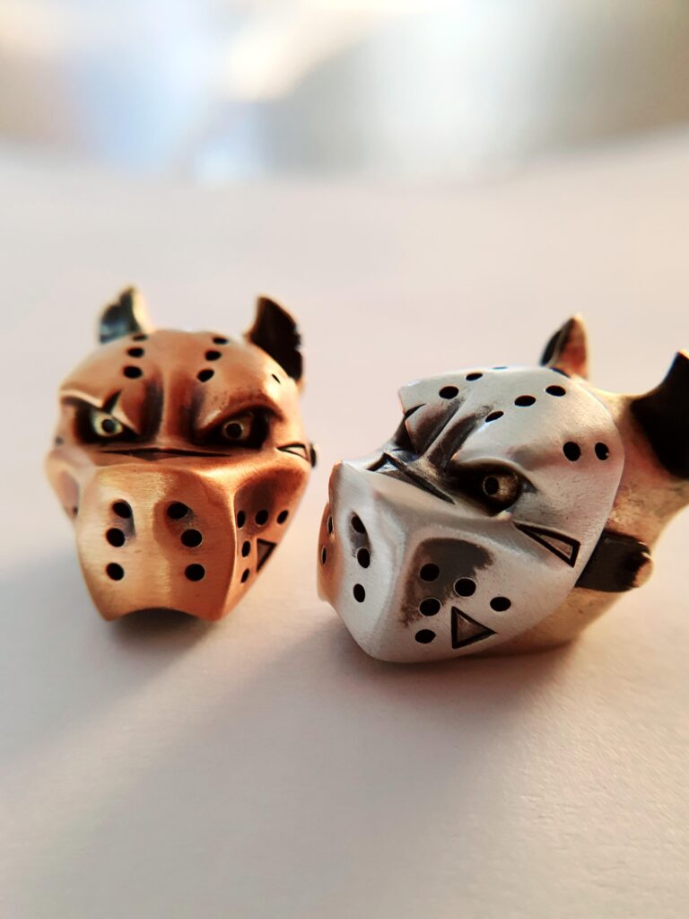 Lanyard beads, "Dog in mask", multiple metals (copper, brass, silver). Please rate if you like.