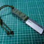 New design for Mini Leviathan #6 now with lanyard! CPM-Magnacut stainless steel, olive drab G10 scales, blue G10 liners and kydex sheath.