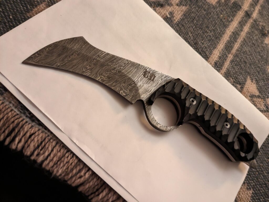 20CRV Damascus "fighter". Designed for me with custom scales.