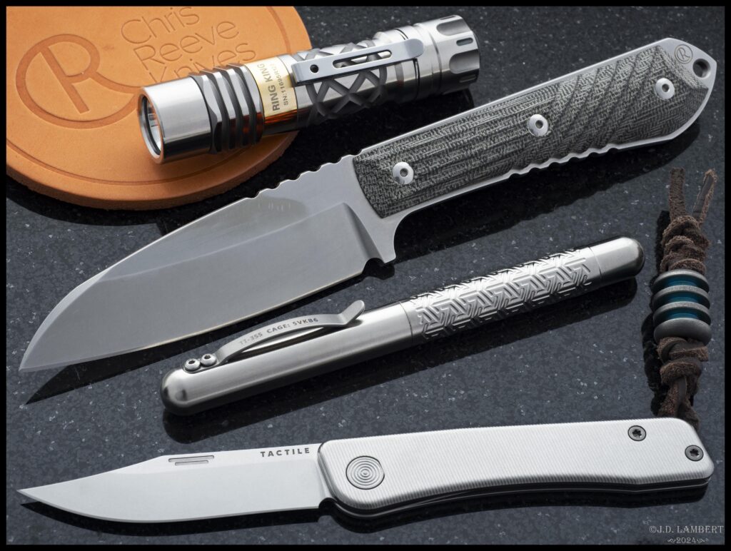 A few recent acquisitions: Chris Reeve Nyala, Tactical Knife Co. Bexar, Lumintop Ring King, CountyComm Embassy Pen Rev7 [OC]