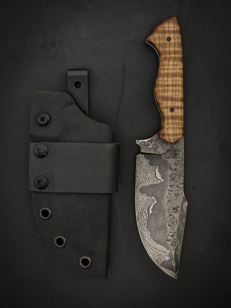 Grizzly Forge 3-Finger Revenant Damascus Steel Blade with Curly Maple Handle