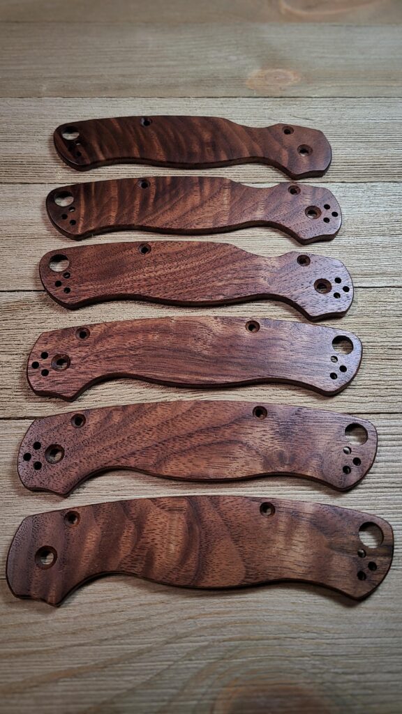 Some custom curly walnut scales I cut for the Spyderco PM2.