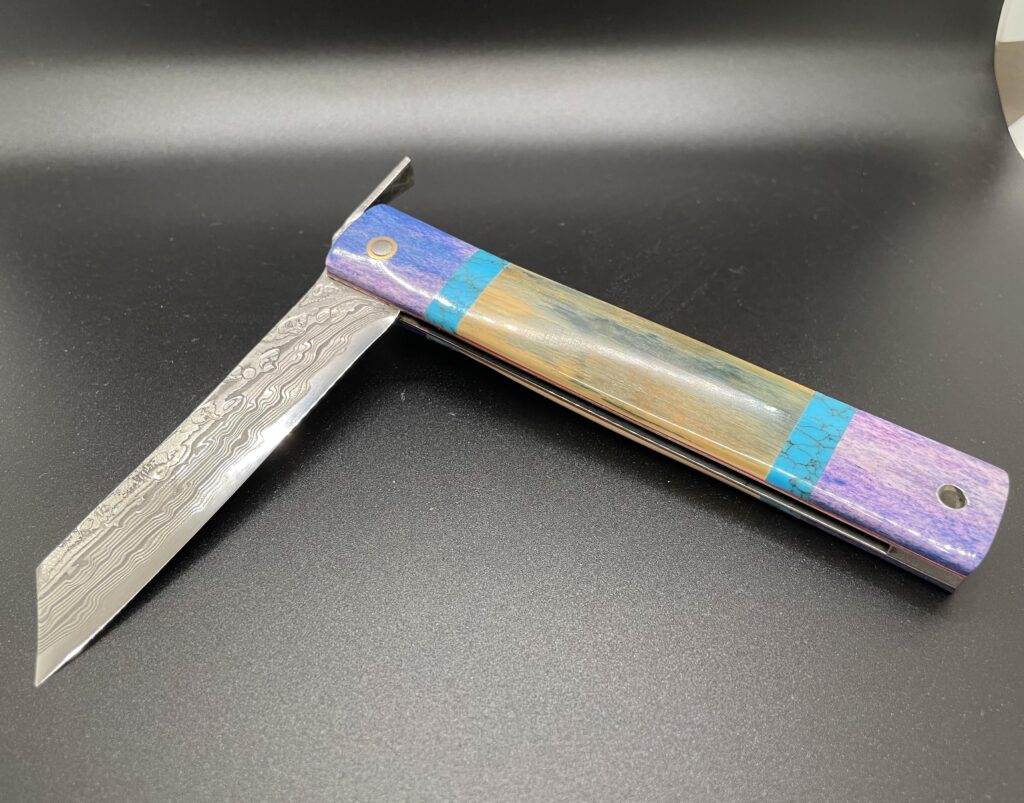 Mr. Itou Damascus Higonokami, CamelBone/Turquoise/Mammoth Ivory Tusk Handle