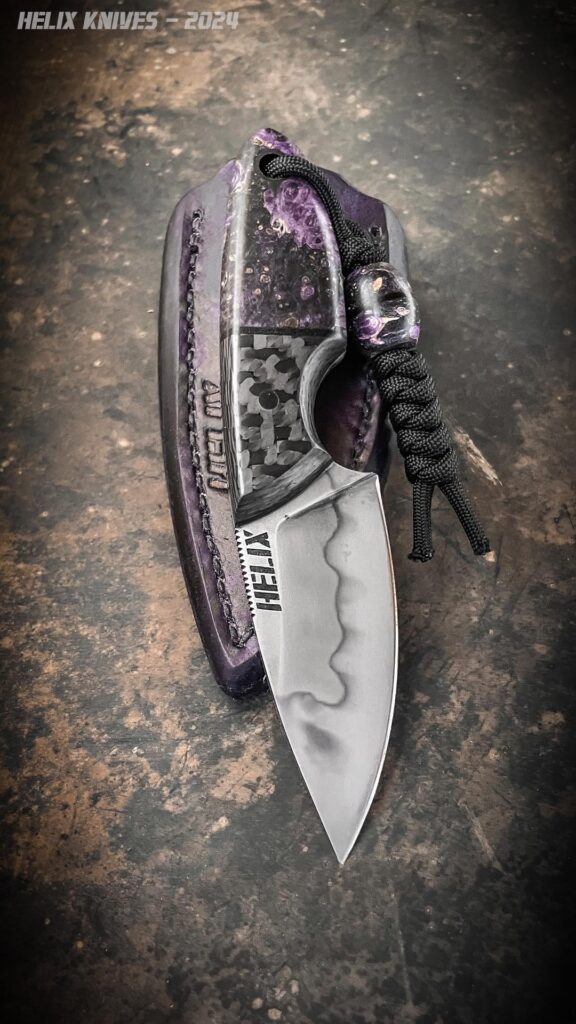 Pocket carry EDC. 26C3, carbon fiber/stabilized maple burl, clip-on sheath and matching lanyard bead.