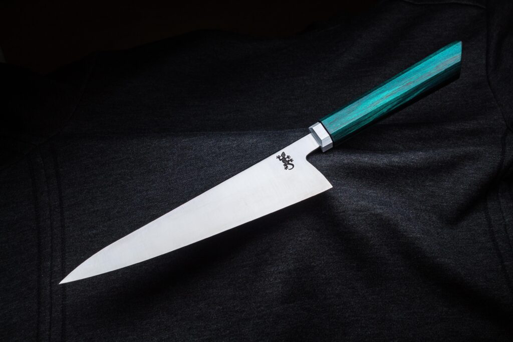 My newest 235mm gyuto, 14c28n, stabilized dyed wood handle