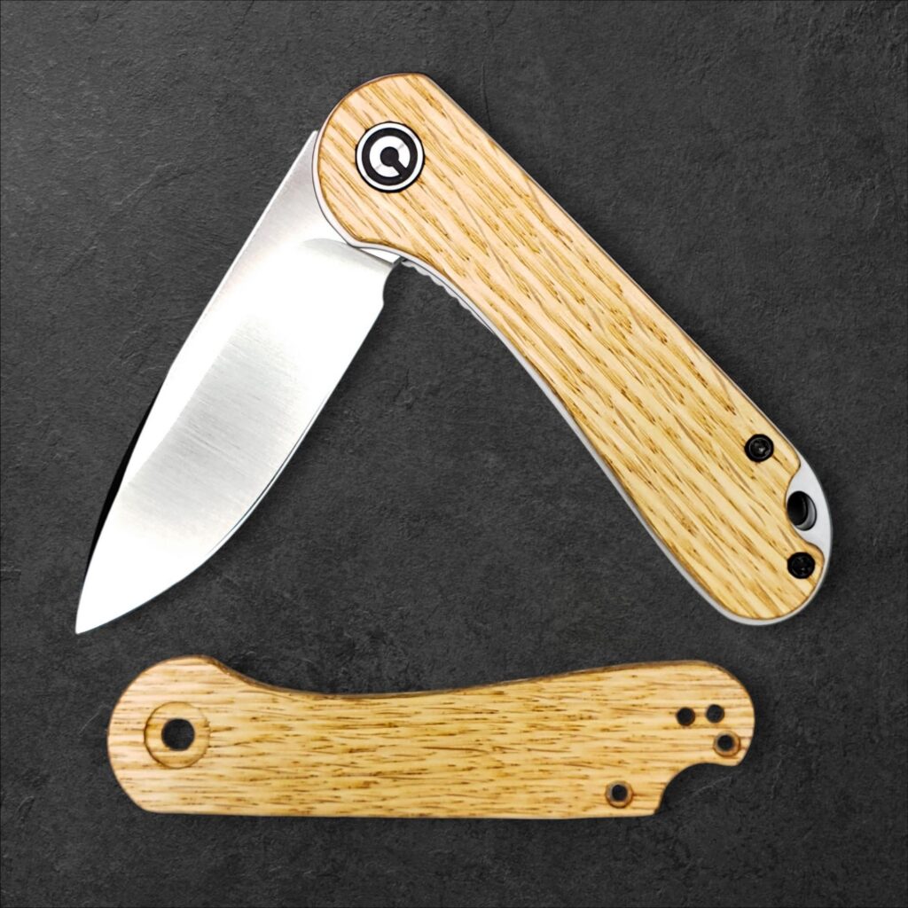 Custom made red oak scales on the Civivi Elementum!