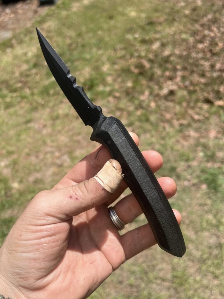 8670 steel, Cerakote coating, Micarta handles. Sheath is next!