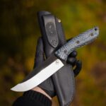 Bowie made by me of  N690 steel with damascus micarta handle and leather sheat