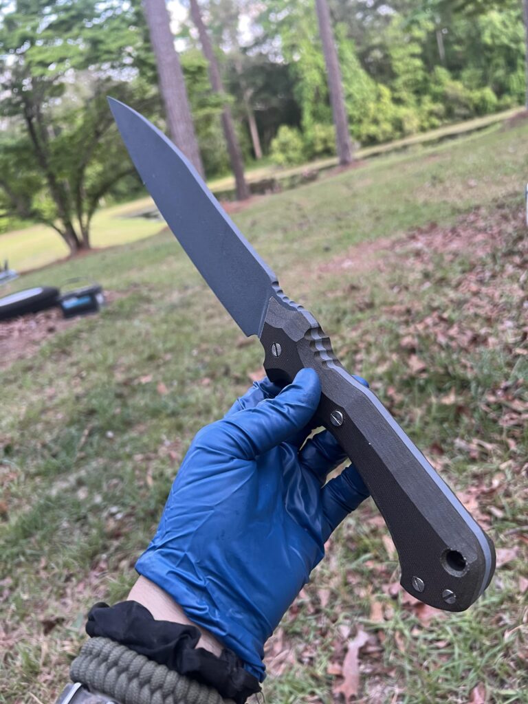 Cerakoted Chopper I’m working on. Burnt Bronze base layer, custom grey overlay with Micarta Handles Gulso-Bolted and epoxied/loctited together. Sheath and then sharpening is next! 8670 Steel.