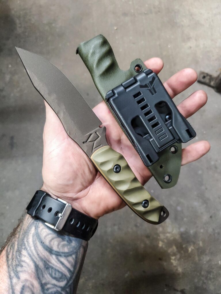 80crv2 with Burnt bronze cerakote and OD green G10 coyote brown liners.