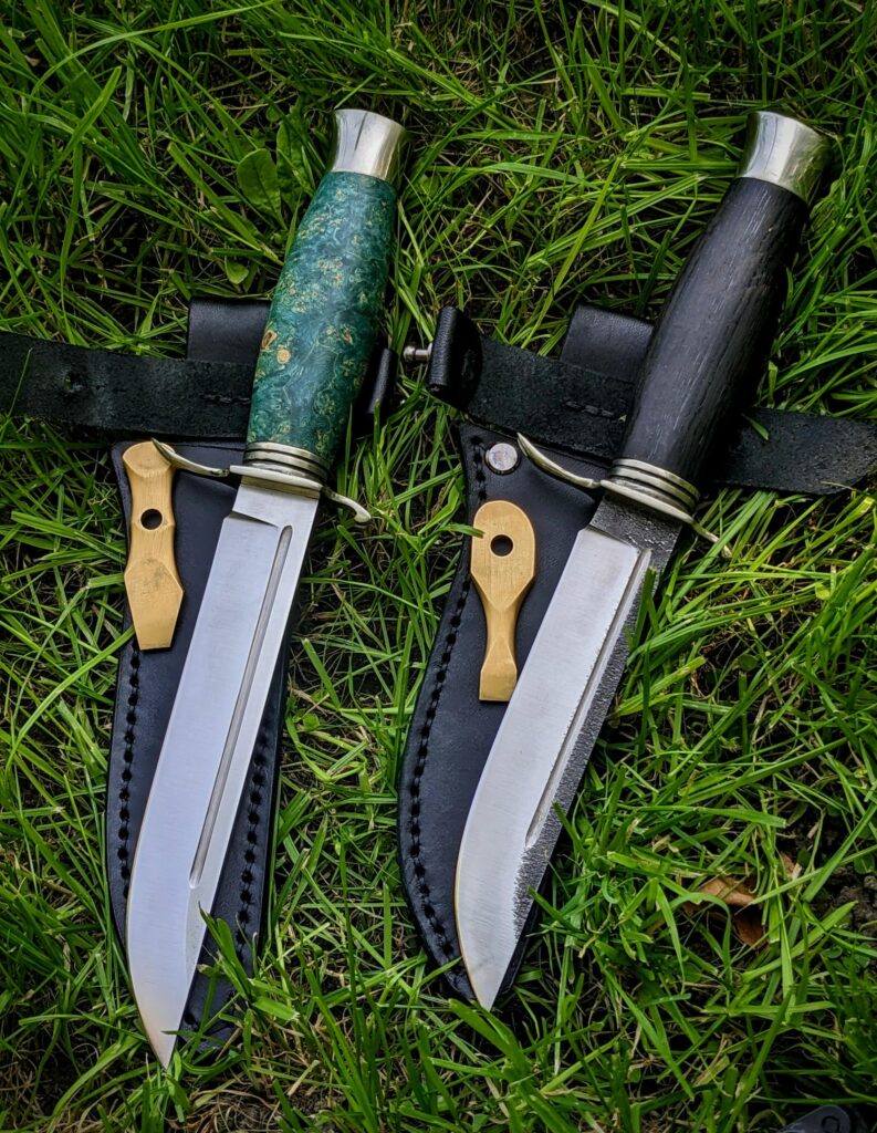 My latest commissions. Made them with N690 and Cr12MF steels, 60 hrc. Stabilized maple burl and bog oak. Nickel silver. What do you think of them? Should I make any tweaks in this design?