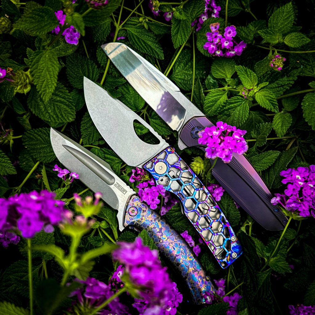 Gotta love pretty purple pocketknives, peacefully perched on petals, poised in a perfect picture of polished perfection.