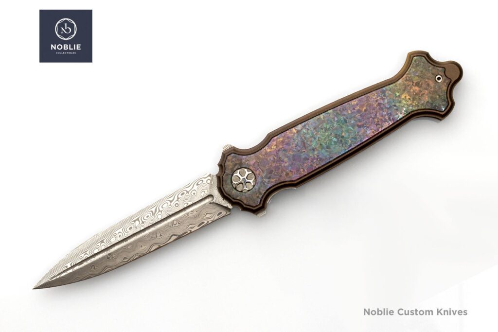 Custom pocket knife crystallized titanium scales Damasteel blade