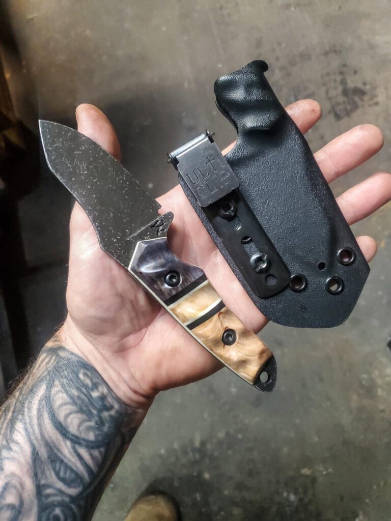 AEB-L stainless EDC with Karelian Birch and apocalyptic mango and an natural box elder split with Ivory G10 liners.