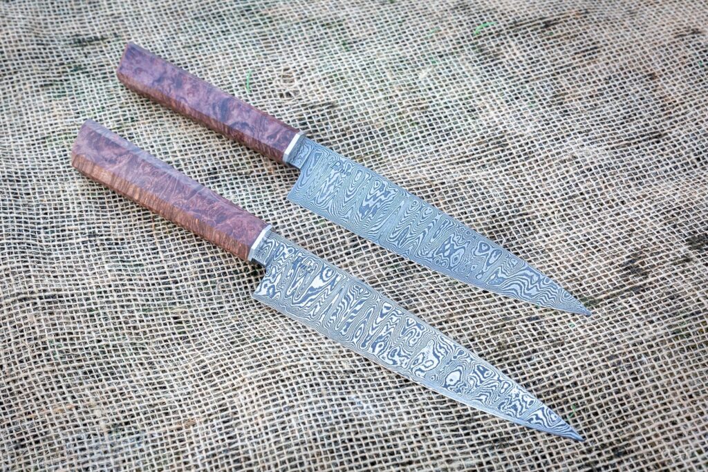 general purpose kitchen knives, 120 layers of random damascus, 80CRv2 and 15n20.