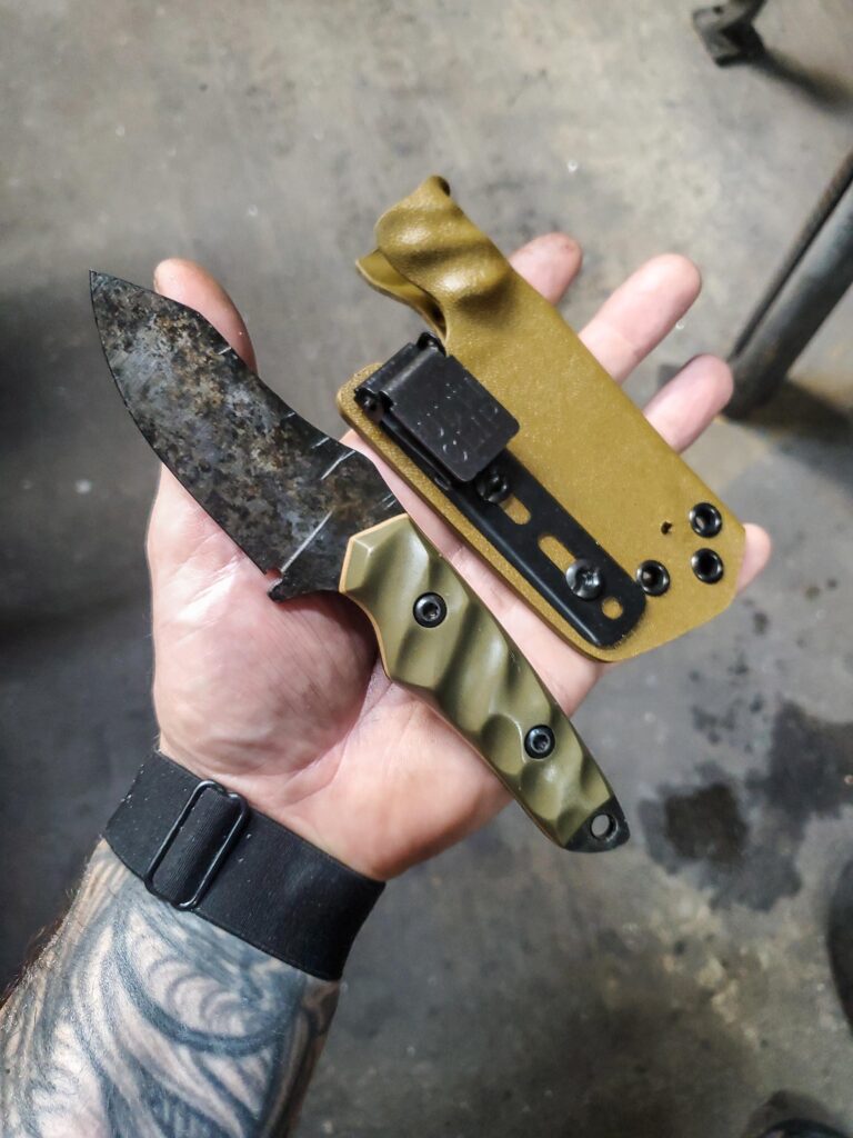 80crv2 with granite finish and OD green G10 and coyote brown G10 liners.