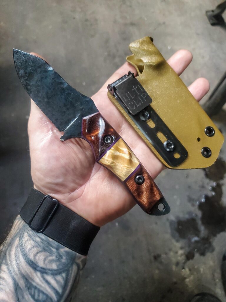 80crv2 EDC Stonewashed then Cold blueing finish with koa and apocalyptic mango and natural box elder split and royal purple G10 liners.
