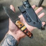 AEB-L EDC with Acacia and old growth Red wood and natural box elder split and forest green G10 liners.