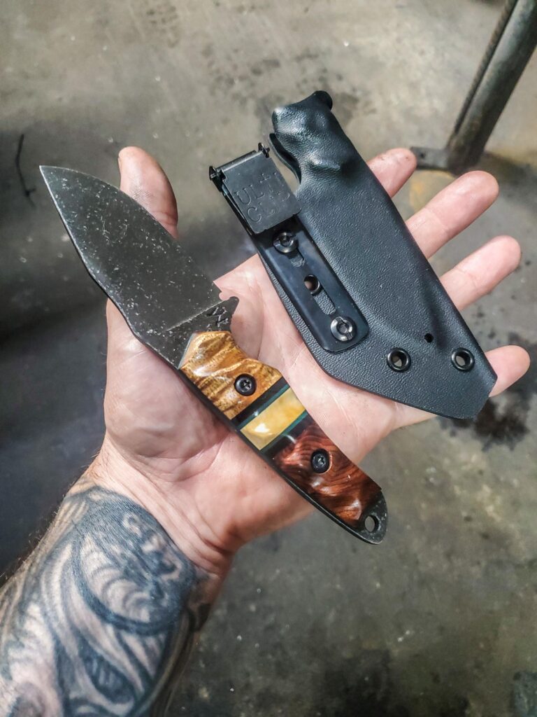 AEB-L EDC with Acacia and old growth Red wood and natural box elder split and forest green G10 liners.