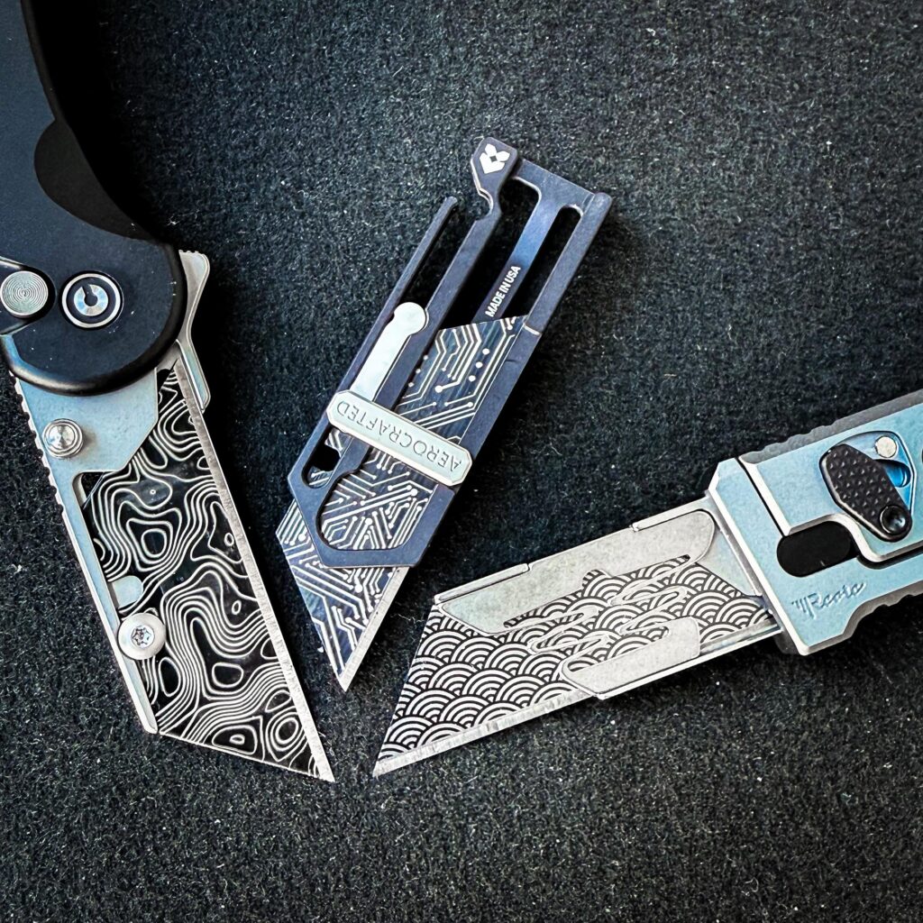 It’s super fun ordering utility blades with custom laser from Alex @laser_perfect_customs. He's got 70 patterns to choose from, and steel vs. black blades. You can mix and match. Grilled fresh when you order.