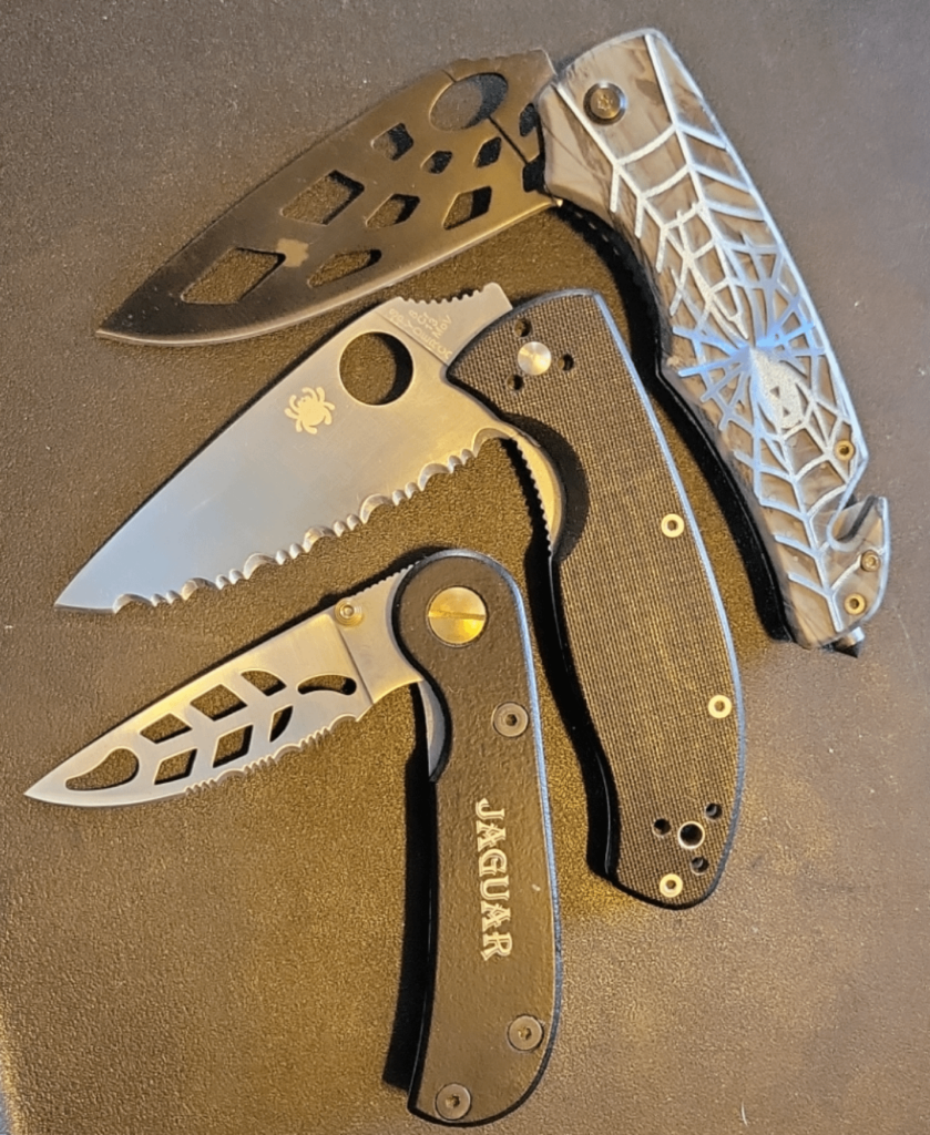 3 folders from my vast collection including my Spyderco serrated 7.5 in.