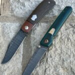 A couple of modern traditionals in ladder damascus: Pena Lanny’s clip and Oeser Hawk (NKD for the Oeser)