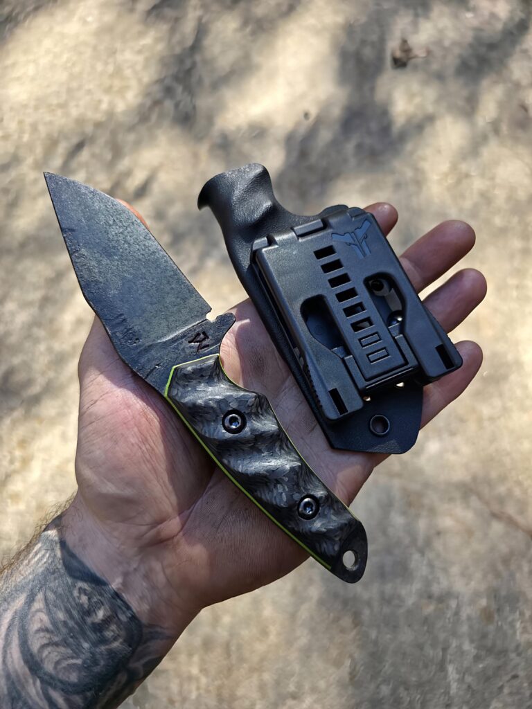 80crv2 EDC Rust Blued finish with Sandblasted Carbon fiber and Toxic Green G10 liners.
