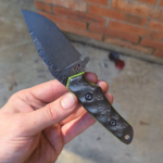 80crv2 EDC Rust Blued finish with Sandblasted Carbon fiber and Toxic Green G10 liners.