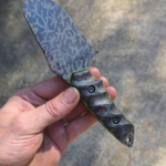 80crv2 with Overlay Rust bluing finish, Sandblasted Carbon fiber with toxic green G10 liners.