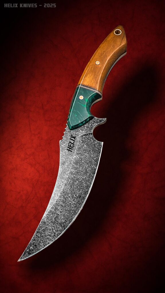 My Vulture model. Stonewashed with a stabilized chestnut and vintage micarta handle.