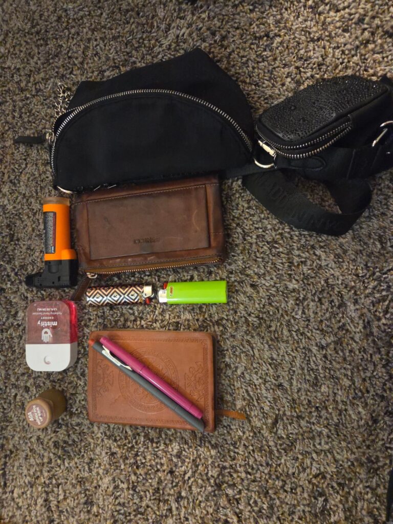 My fanny pack (a.k.a. the void where all my lighters went), and my daily carry hobby backpack. Both are with me most of the time.