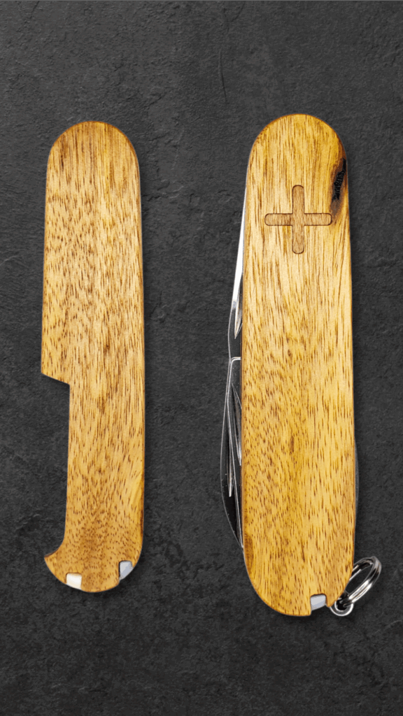 Canary wood Plus scales with cherry wood inlays on the Victorinox Spartan.