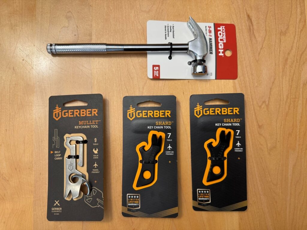 Pocket pry bar haul. $4 Shards from  local AutoZone, $6 hammer from Walmart that includes fine nail puller plus hidden screwdrivers.