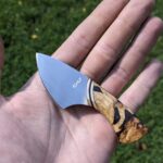 This micro knife was the prototype for my first ever international commission. Old saw blade, textolite, brass, self collected spalted hornbeam